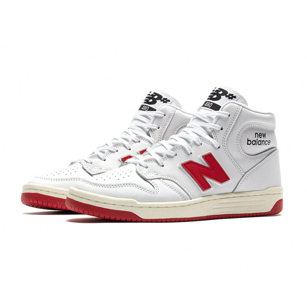 A white and red NB NUMERIC 480 HIGH WHITE / RED skate shoe.