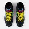 Top view of a pair of black NB NUMERIC NB NUMERIC X NATAS KAUPAS 480 HIGH BLACK / LIME GREEN skaters shoes with yellow laces, green accents, and pink detailing on the tongue, perfect for life on and off the board.