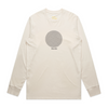 A cream colored long sleeve tee with a geometric image of squares inside of a circle and "bluetile".