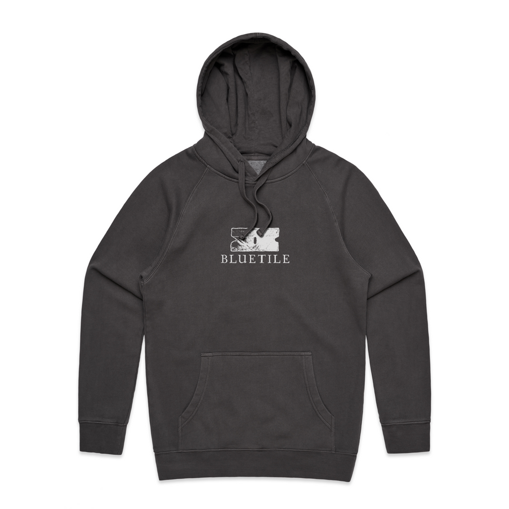 A black faded hoodie with a white printed image of a razor and the word "bluetile".