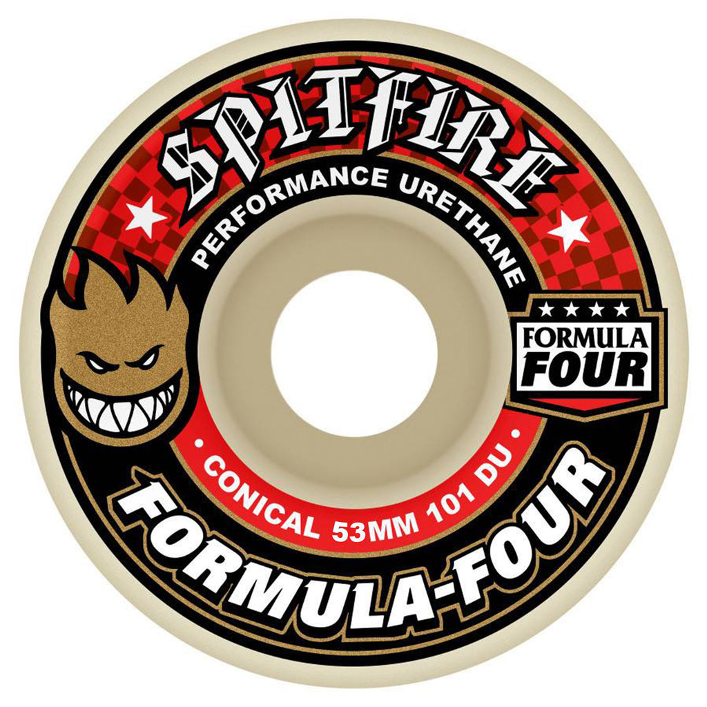 A SPITFIRE F4 CONICAL FULL 101D 53MM skateboard wheel, size 53MM with a 101 durometer hardness.