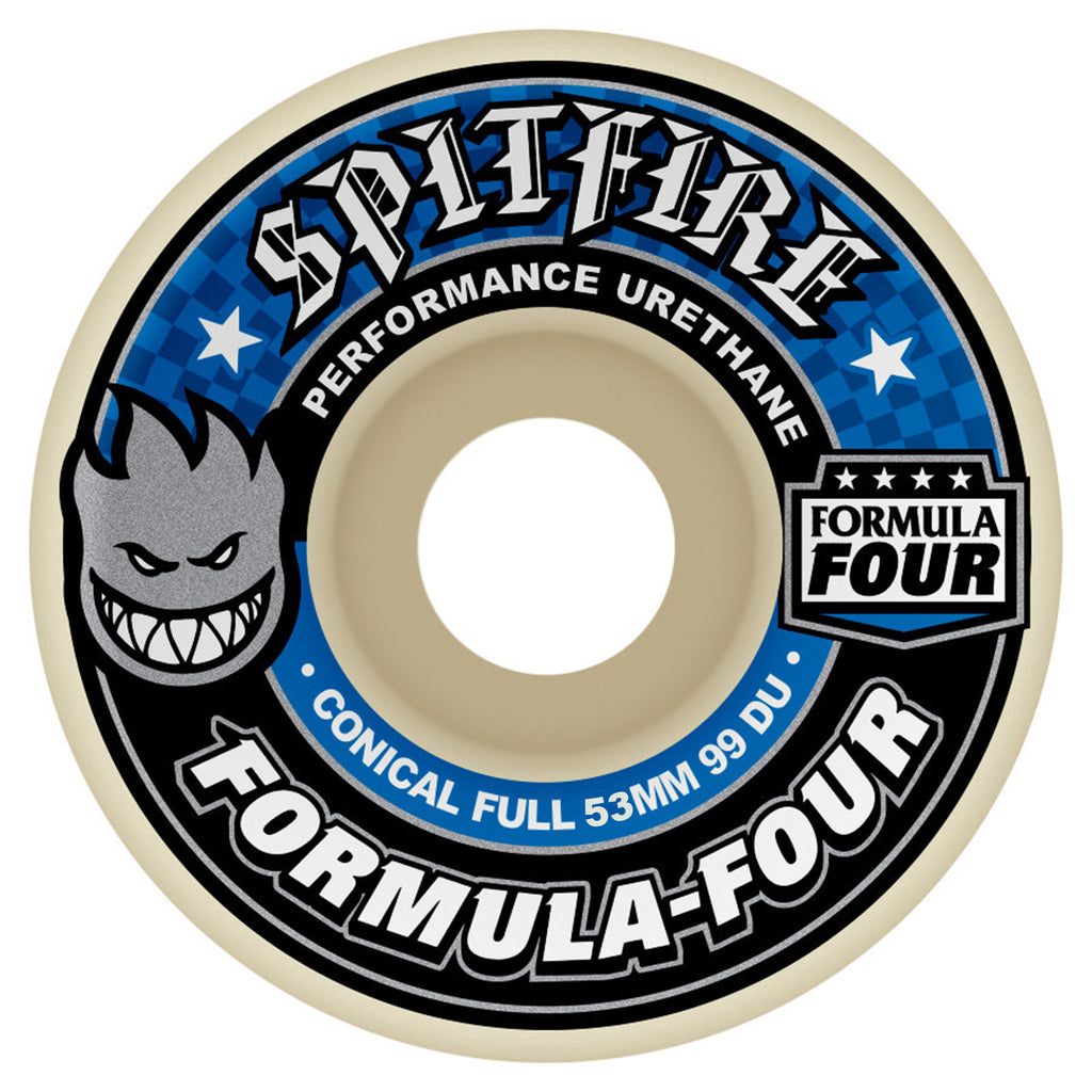 Graphic design of a conical SPITFIRE F4 CONICAL FULL 99D 53MM skateboard wheel with branding and specifications.