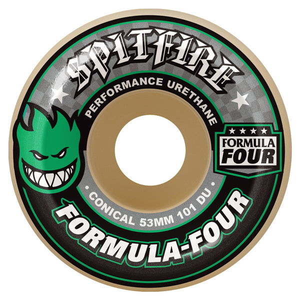 Spitfire F4 conical 101d 53mm skateboard wheel with green graphics.