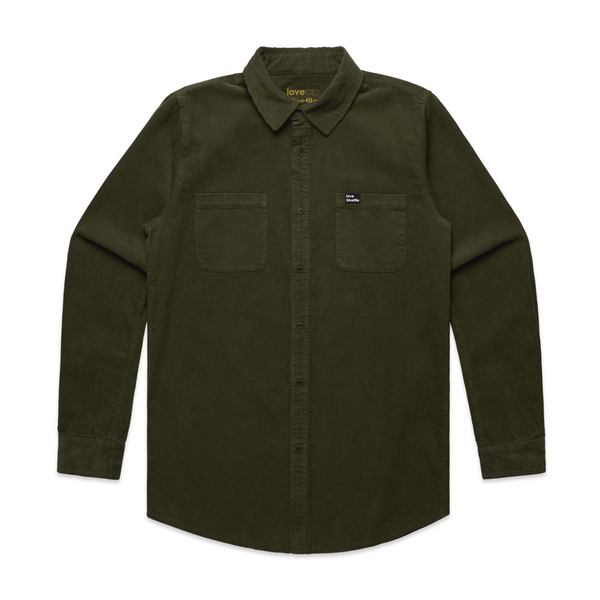 The BLUETILE "LOVE BLUETILE" CORDUROY BUTTON UP ARMY shirt in olive green from Bluetile Skateboards.