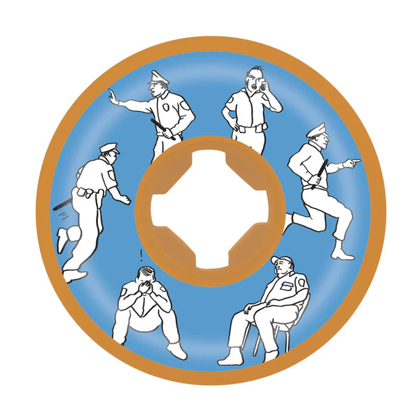 Illustration of a circular object, reminiscent of OJ BOSERIO SAD SECURITY COMBOS 97A ORANGE from OJ WHEELS, showing six different police officer poses including directing traffic, using a walkie-talkie, running, pointing, sitting, and a person covering their face.