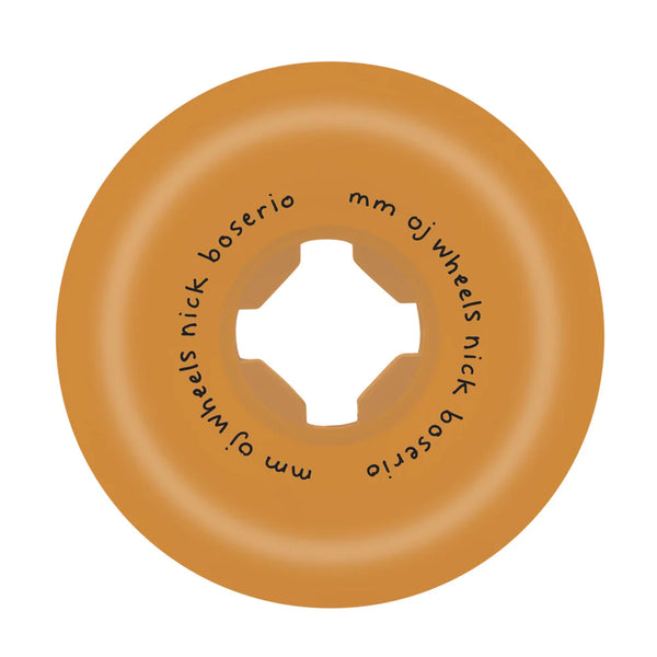 A single orange skateboard wheel with a central cutout, marked with "OJ BOSERIO SAD SECURITY COMBOS 97A ORANGE" on its surface.