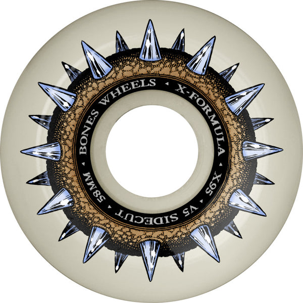A BONES X-FORMULA V5 SIDECUT 58MM 95A STREET CLEATS skateboard wheel featuring a graphic with metallic spikes and a brown border—ideal for skaters seeking durable BONES wheels with standout style.