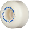 Close-up of a white POWELL PERALTA DF NANO-CUBICS 56X37MM 97A skateboard wheel with blue text, part of the POWELL PERALTA lineup.