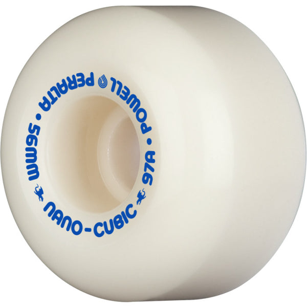 Close-up of a white POWELL PERALTA DF NANO-CUBICS 56X37MM 97A skateboard wheel with blue text, part of the POWELL PERALTA lineup.