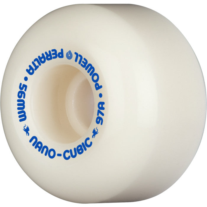 Close-up of a white POWELL PERALTA DF NANO-CUBICS 56X37MM 97A skateboard wheel with blue text, part of the POWELL PERALTA lineup.