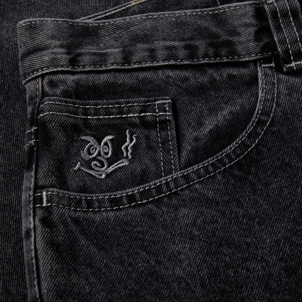 A close up of a pair of POLAR '92! DENIM SILVER BLACK jeans.