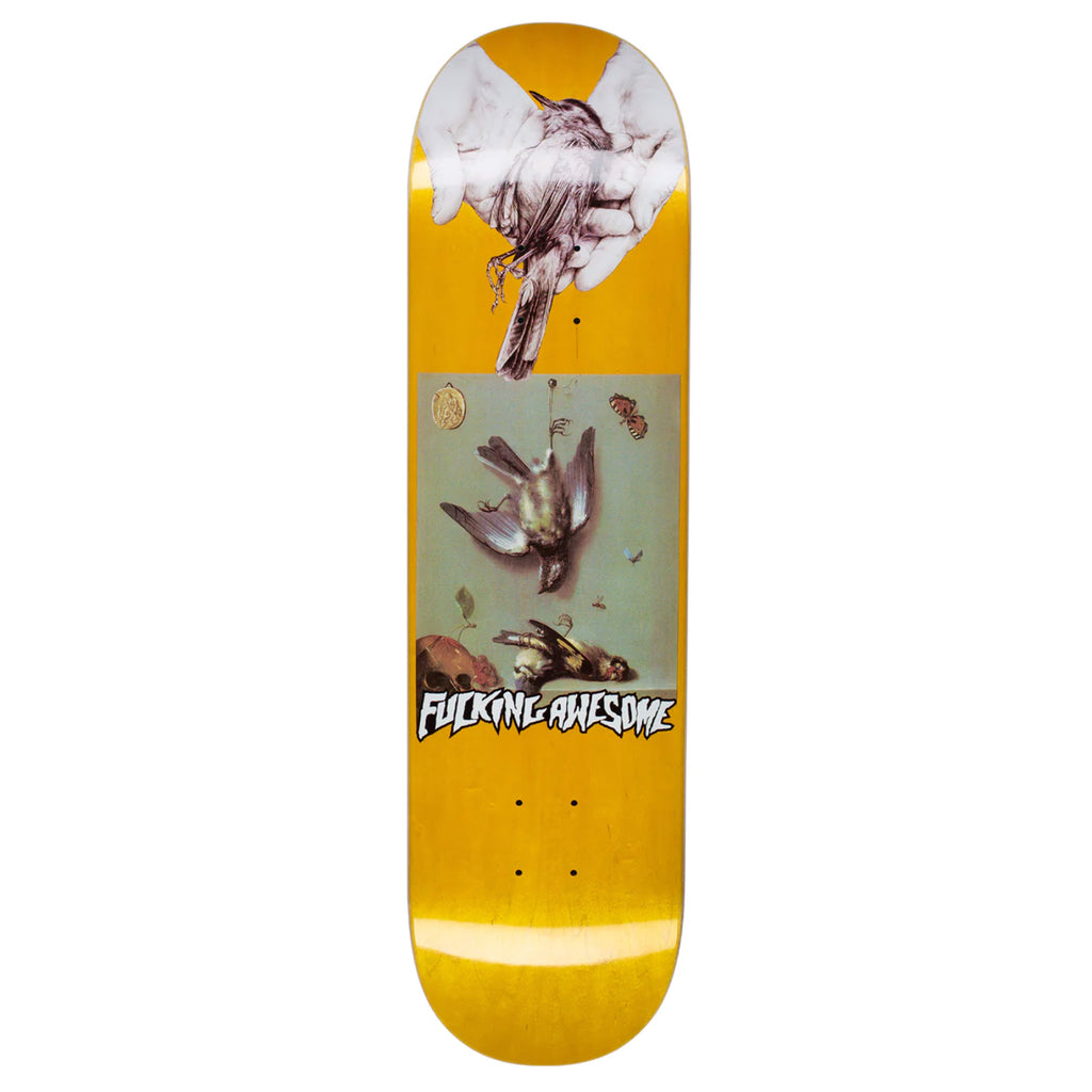 A yellow stained skateboard with ill birds.