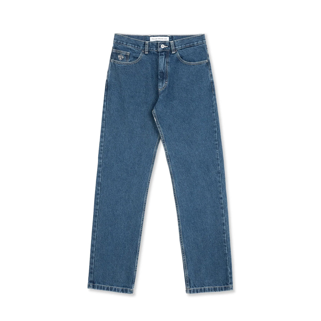 The POLAR '89! Denim Blue Wash jeans, showcased against a white background, feature a high-waist straight-leg design. Crafted from 100% cotton denim, these jeans combine comfort with style.