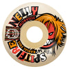 SPITFIRE F4 MORVILLE RADIAL FULL 99D 56MM skateboard wheel features vibrant graphics, the name "Nelly Morville," a cartoon with spiky orange hair, and is a classic SPITFIRE choice to lock into your setup.