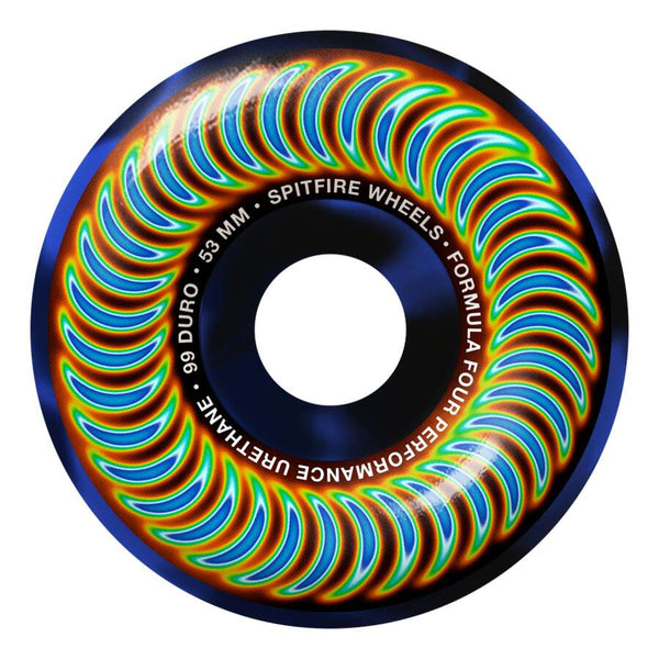 A single SPITFIRE F4 RADIOACTIVE CLASSIC skateboard wheel in a blue swirl flame pattern, featuring bold 53MM size and 99 duro text, made from top Formula Four performance urethane.