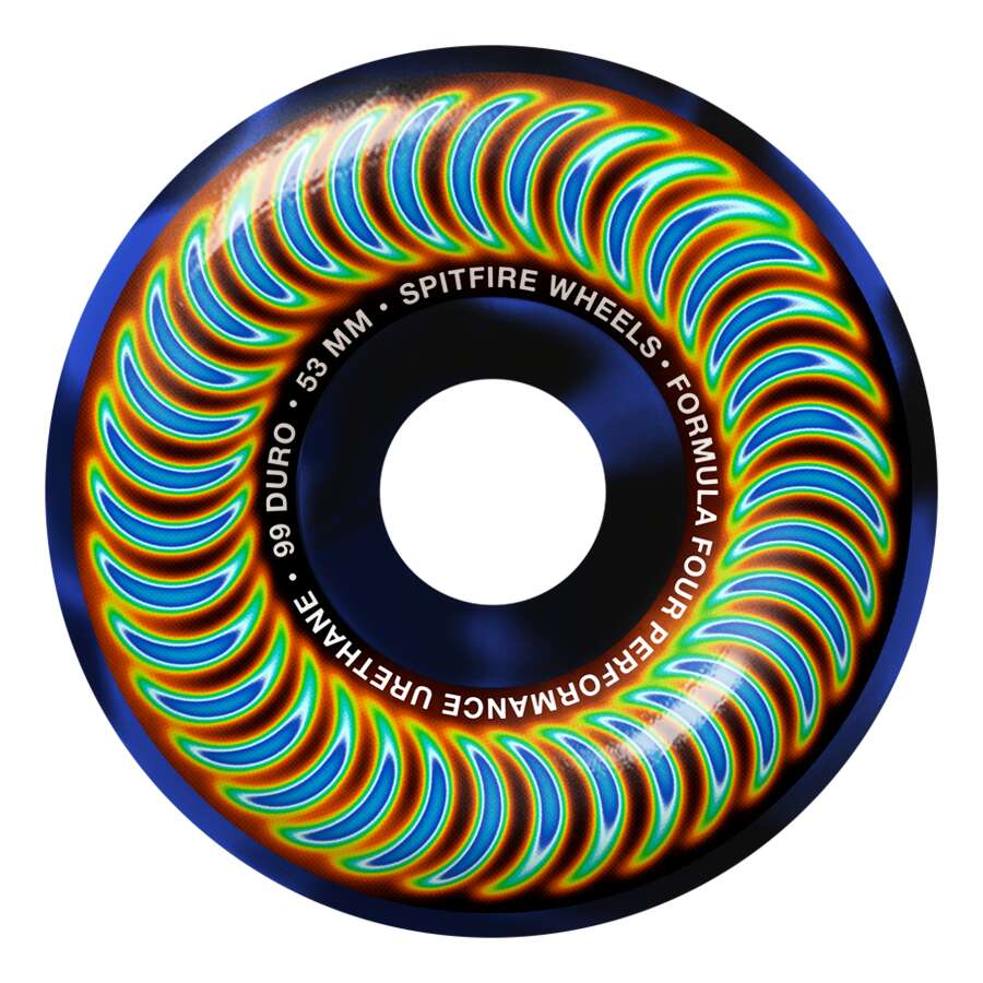 A single SPITFIRE F4 RADIOACTIVE CLASSIC skateboard wheel in a blue swirl flame pattern, featuring bold 53MM size and 99 duro text, made from top Formula Four performance urethane.