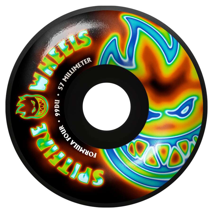 The SPITFIRE F4 RADIOACTIVE CLASSIC BIG HEADS 99D 57MM BLACK skateboard wheel features a black design with a colorful flaming face graphic and "SPITFIRE WHEELS FORMULA FOUR" text.