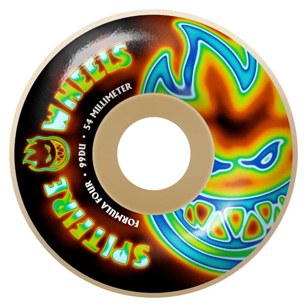 The SPITFIRE F4 RADIOACTIVE CLASSIC BIG HEADS 99D 54MM skateboard wheel features the Spitfire logo, bold radioactive graphics, and a durable 99D surface for a smooth ride.