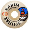 The SPITFIRE F4 KARIM BURN SQUAD RADIAL FULL 97D 58MM wheel features Karim Callender’s name, a cartoon face in a blue NY cap, and a flaming smiley logo—perfect for smooth skating.