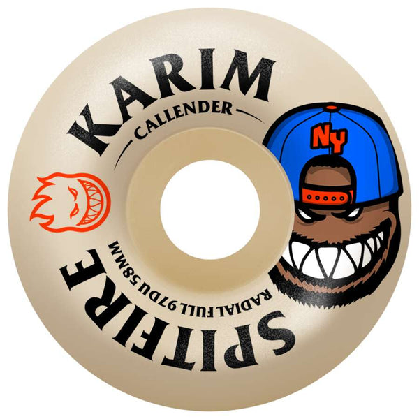 The SPITFIRE F4 KARIM BURN SQUAD RADIAL FULL 97D 58MM wheel features Karim Callender’s name, a cartoon face in a blue NY cap, and a flaming smiley logo—perfect for smooth skating.