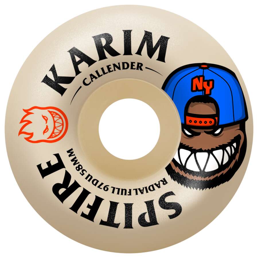 The SPITFIRE F4 KARIM BURN SQUAD RADIAL FULL 97D 58MM wheel features Karim Callender’s name, a cartoon face in a blue NY cap, and a flaming smiley logo—perfect for smooth skating.