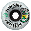 SPITFIRE F4 JOHNNY BURN SQUAD 80HD 54MM skateboard wheel by SPITFIRE, featuring "BURN SQUAD RADIAL," 80HD 54mm urethane (80 duro), plus two cartoon faces—one green, one in a yellow-visor helmet.