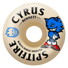 The SPITFIRE F4 CYRUS BURN SQUAD CLASSIC 99D 53MM skateboard wheel features a beige color, medium width riding surface, blue cartoon graphic with red shoes, black text, and durable SPITFIRE F4 construction.