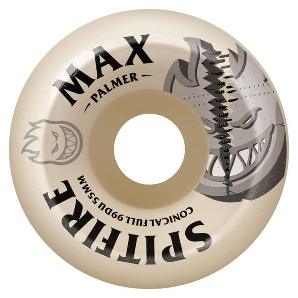 The SPITFIRE F4 PALMER BURN SQUAD CONICAL FULL 99D 55MM skateboard wheel is beige with black "SPITFIRE" and "MAX PALMER" text plus stylized shark and flame face graphics.