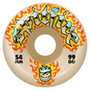 The SPITFIRE F4 CHROME VENOM CONICAL FULL 99D 54MM wheel features orange and yellow flames, graffiti-style "Spitfire" text, a flame-faced cartoon, "54 MM," "99 DU," and Radial Full 99D detailing.
