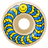 The SPITFIRE F4 SPANKY PRO CLASSIC HAPPY 99D 52MM skateboard wheel features a circular yellow and blue smiley face pattern, a conical shape for control, and a wide surface for extra stability.