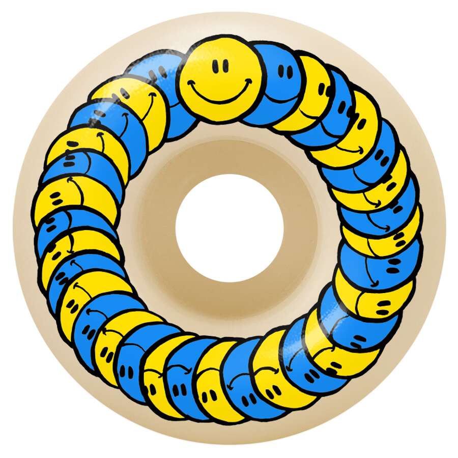 The SPITFIRE F4 SPANKY PRO CLASSIC HAPPY 99D 52MM skateboard wheel features a circular yellow and blue smiley face pattern, a conical shape for control, and a wide surface for extra stability.