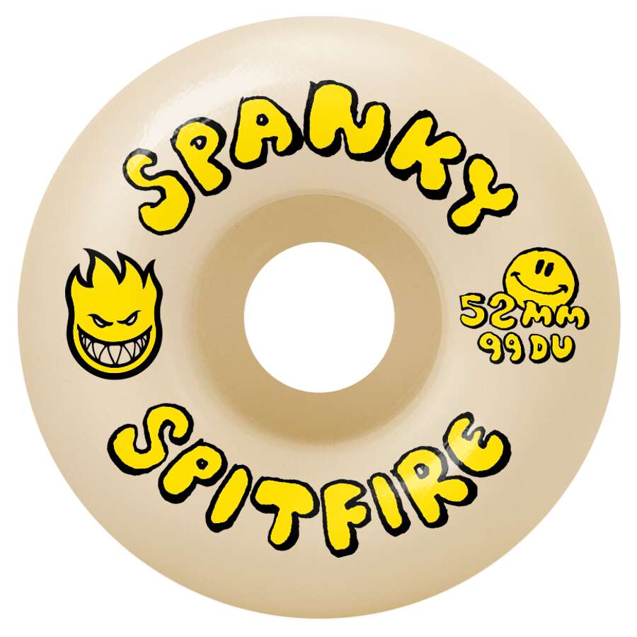 The SPITFIRE F4 SPANKY PRO CLASSIC HAPPY 99D 52MM wheel from SPITFIRE features a beige color, "SPANKY SPITFIRE" in yellow, flame and smiley graphics, and "52MM 99DU" text. Its conical shape boosts control and performance on any terrain.