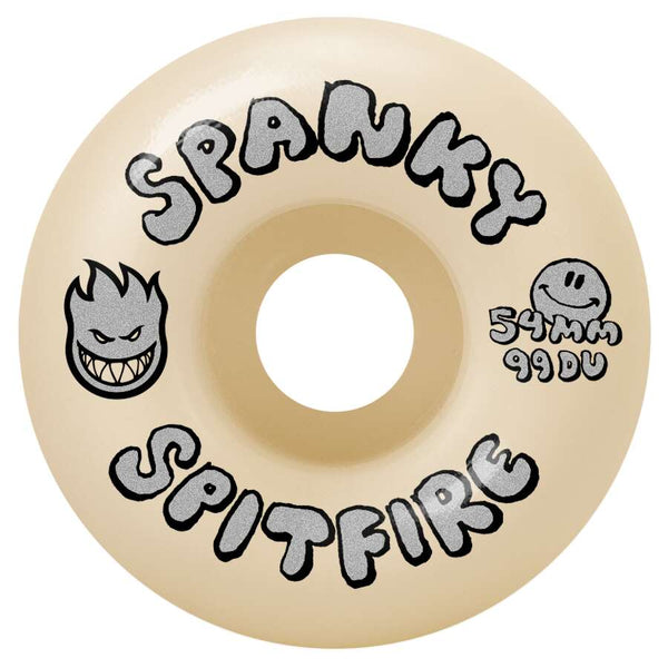 The SPITFIRE F4 SPANKY PRO CLASSIC HAPPY 99D 54MM skateboard wheel features bold "SPANKY SPITFIRE" text, a flame face and smiling face graphic, and delivers classic Spitfire Formula Four performance.