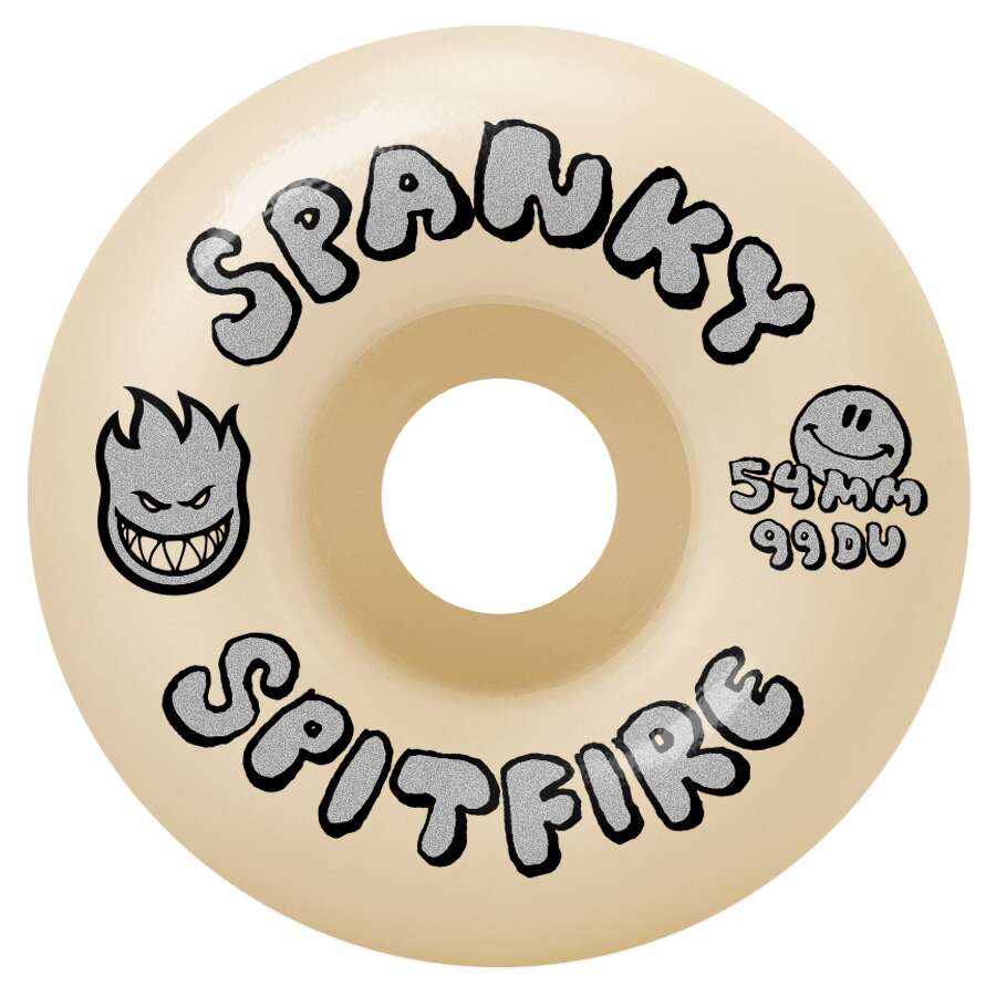 The SPITFIRE F4 SPANKY PRO CLASSIC HAPPY 99D 54MM skateboard wheel features bold "SPANKY SPITFIRE" text, a flame face and smiling face graphic, and delivers classic Spitfire Formula Four performance.
