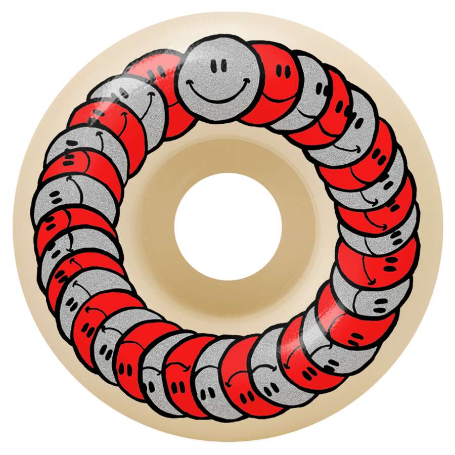 The SPITFIRE F4 SPANKY PRO CLASSIC HAPPY 99D 54MM skateboard wheel features a circular pattern of alternating red and gray smiley faces around the center hole, in a 54mm medium width design.
