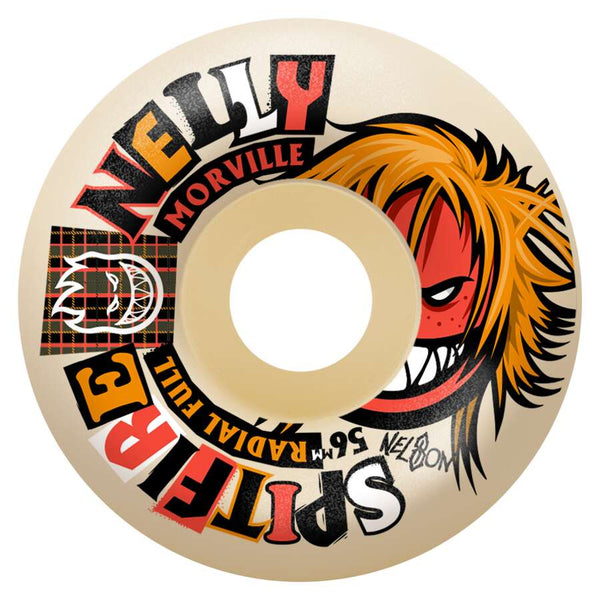 SPITFIRE F4 MORVILLE RADIAL FULL 99D 56MM skateboard wheel features vibrant graphics, the name "Nelly Morville," a cartoon with spiky orange hair, and is a classic SPITFIRE choice to lock into your setup.
