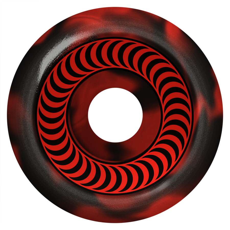 The SPITFIRE O.G. CLASSICS 99A 54MM Red/Black Swirl skateboard wheel features a repeating crescent pattern around the center hole.