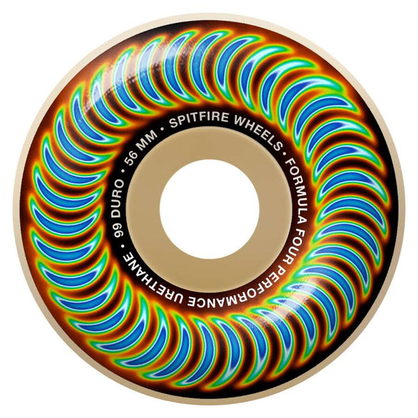 The SPITFIRE F4 RADIOACTIVE CLASSIC 99D 56MM skateboard wheels feature durable Formula Four Performance Urethane and a vivid spiral design—an excellent choice for top-level riders seeking premium wheels.