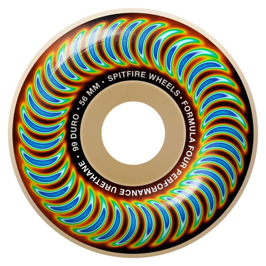 The SPITFIRE F4 RADIOACTIVE CLASSIC 99D 56MM skateboard wheels feature durable Formula Four Performance Urethane and a vivid spiral design—an excellent choice for top-level riders seeking premium wheels.