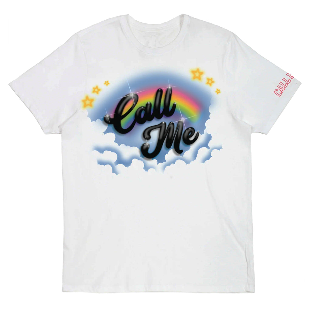 rainbow and clouds behind "Call Me" cursive black text, small "Call Me" logo on left sleeve