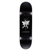 A black LIMOSINE skateboard with a white design on it.
