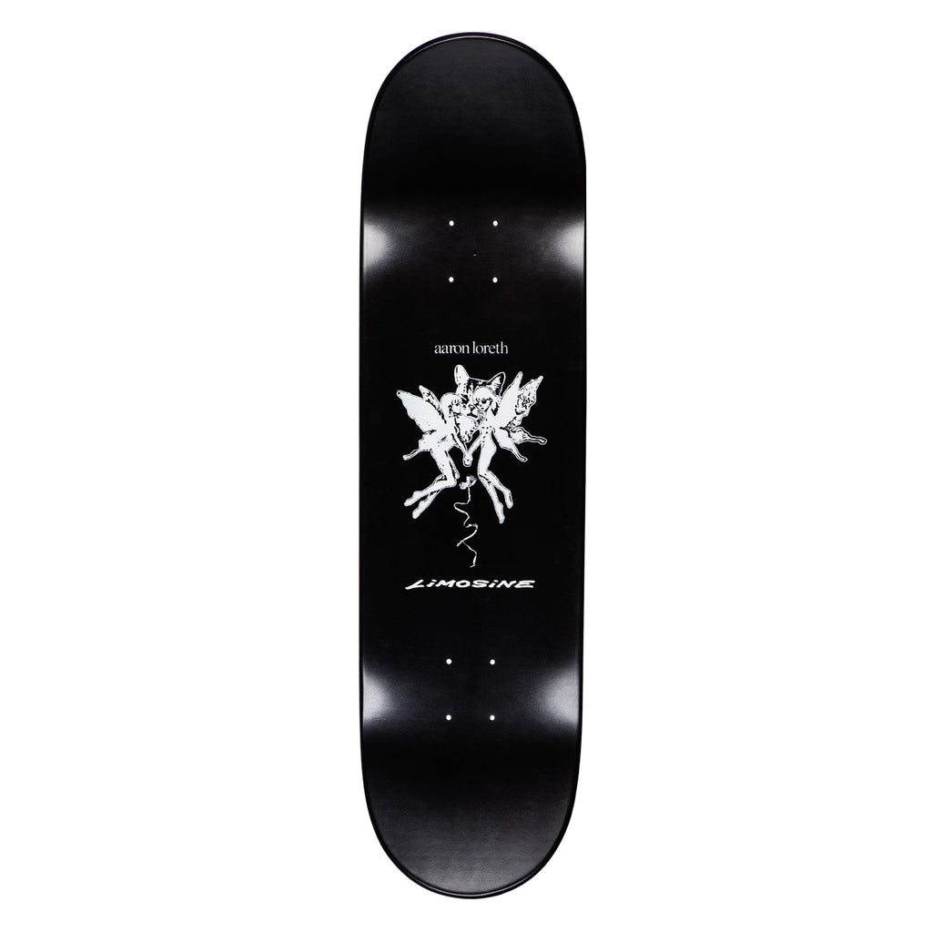 A black LIMOSINE skateboard with a white design on it.