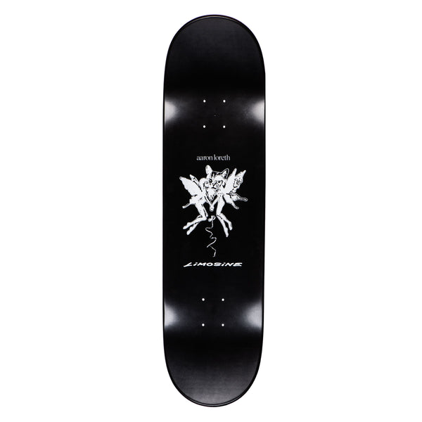 A black LIMOSINE skateboard with a white design on it.