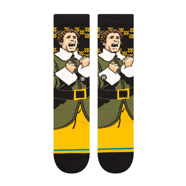 A pair of STANCE SOCKS X ELF "SMILINGS MY FAVORITE" BLACK LARGE with an image of a man dressed as Santa Claus.