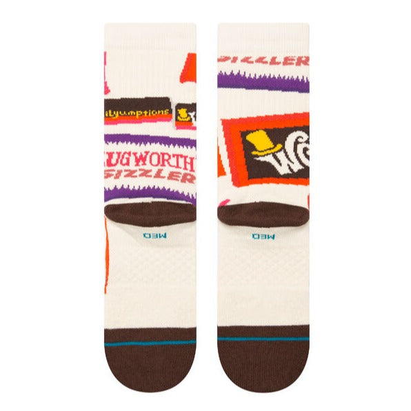 A pair of STANCE SOCKS WONKA BARS LARGE with different designs by Jay Howell.