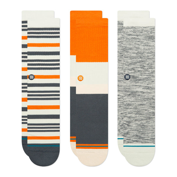 A multi-colored trio of STANCE SOCKS SPLENDOR 3 PACKS MULTI LARGE with orange, grey, and black stripes.