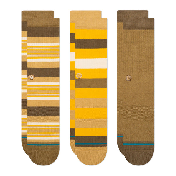 STANCE WASTELAND 3 PACK MULTI LARGE: Three pairs of striped socks with yellow, brown, and black stripes in the STANCE WASTELAND 3 PACK.