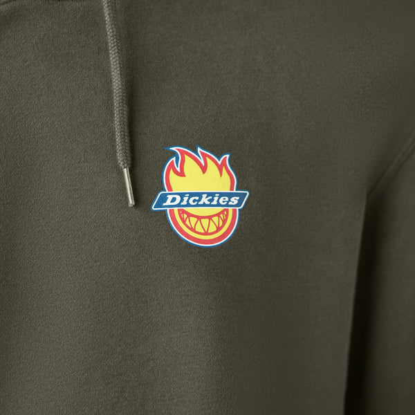 Close-up of the olive green fleece hoodie from Dickies x Spitfire, showcasing a flame design on the chest.