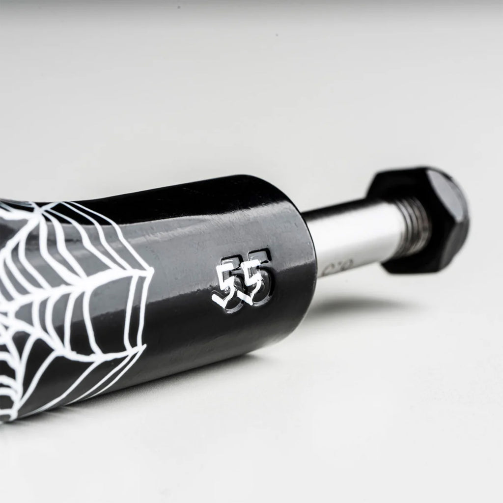 Close-up of a black metal rod with a white spiderweb design and the number 55 engraved, featuring a hex nut at one end, crafted from SAE 4140 steel alloy axles for durability. This is the ACE AF1 55 LIMITED HOLLOW DEEDZ (SET OF TWO) from Ace.