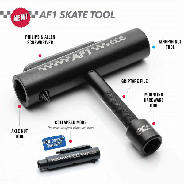 The ACE AF1 COLLAPSIBLE SKATE TOOL by ACE features labeled Philips & Allen screwdrivers, kingpin nut socket, griptape file, mounting hardware tool, and axle nut socket, all shown in its compact collapsed mode.